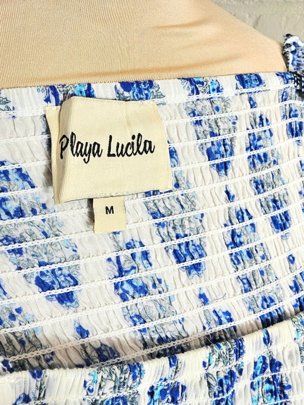 Playa Lucia Smocked Maxi Dress Blue White Tile Print Tiered Summer Dress Size M - Picture 9 of 9